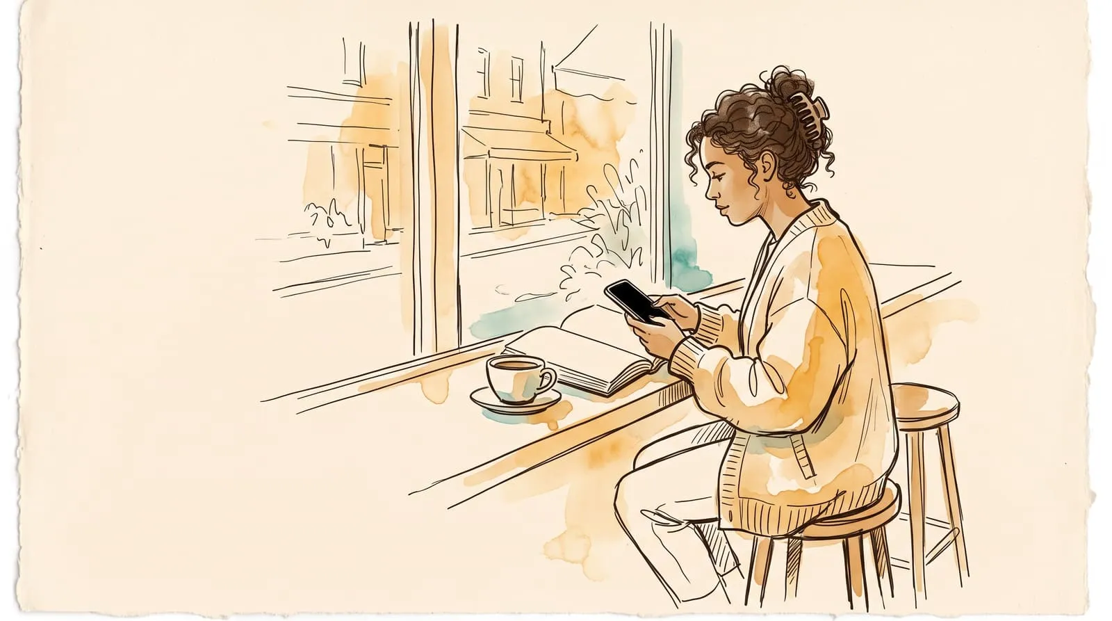Ink and watercolour sketch of a woman at a café window typing a line from her open paperback into her phone