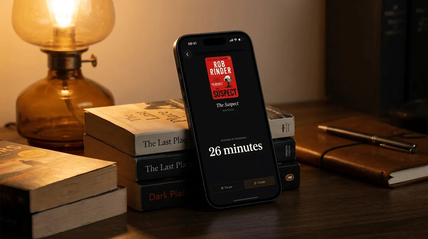 Phone showing a book journal entry beside an open paperback at night