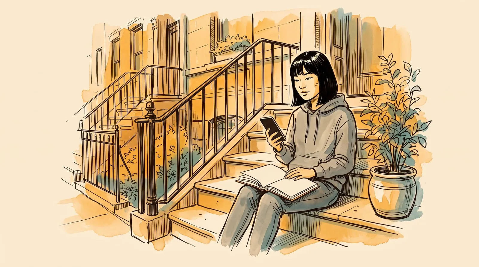 Ink and watercolour sketch of a woman on a brownstone stoop checking her phone with a paperback open on her knee