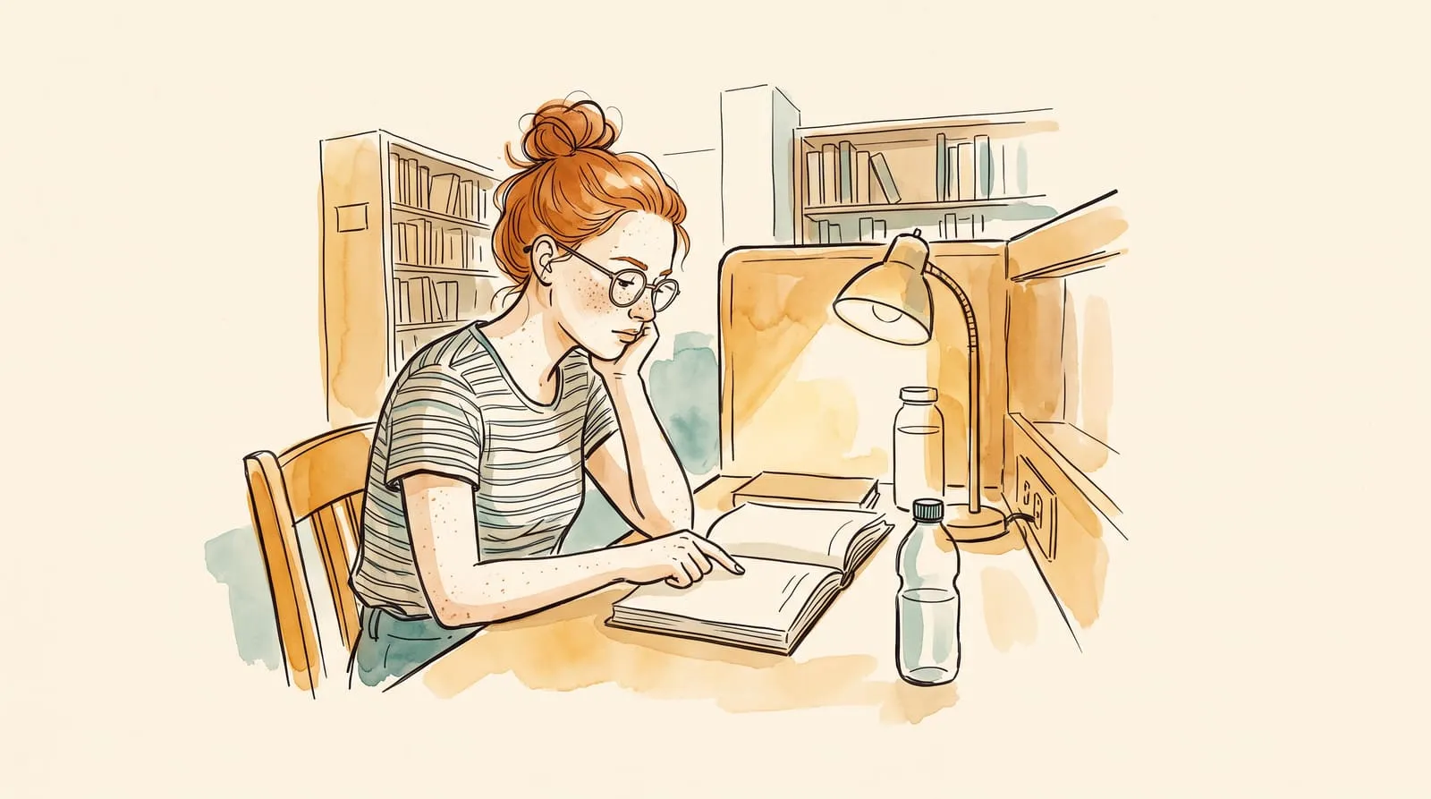 Ink and watercolour sketch of a woman at a library carrel tracing a line of her book with one finger