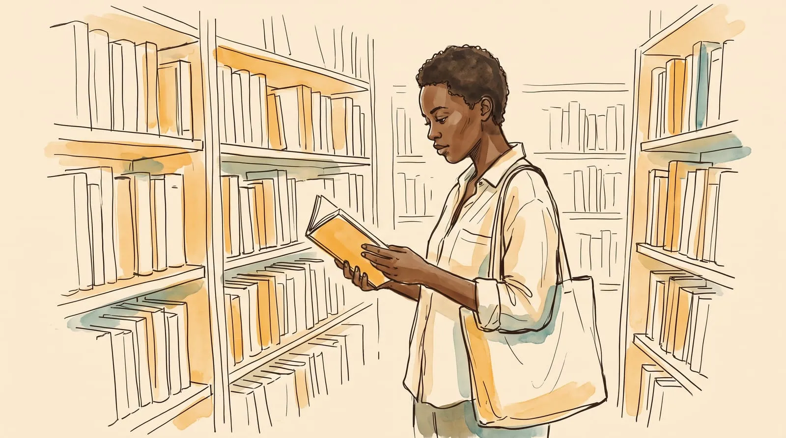 Ink and watercolour sketch of a woman in a bookshop aisle lost in the first page of a paperback