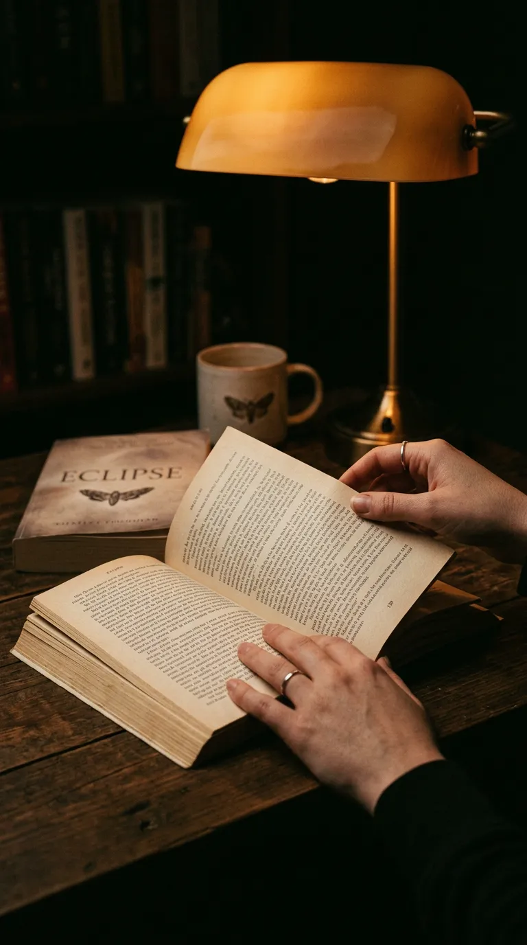 Open paperback mid-page under warm amber lamplight