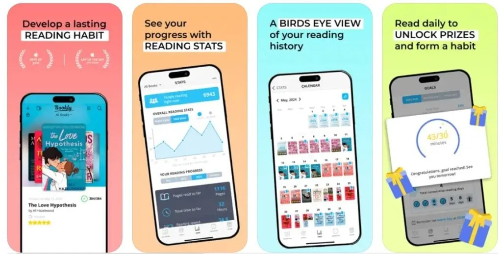 Bookly reading tracker app screen showing timer and reading progress