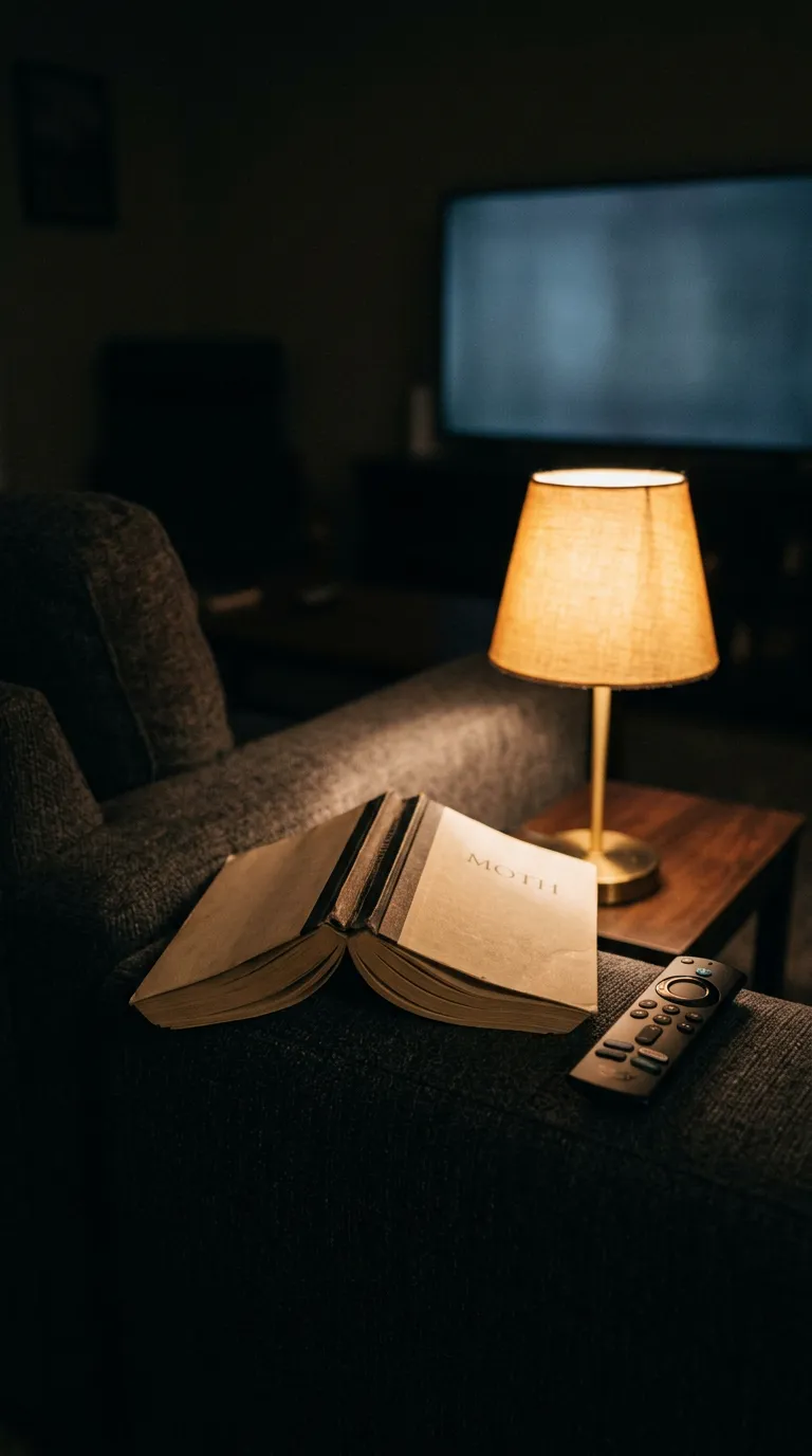 Open paperback on a couch armrest beside a TV remote