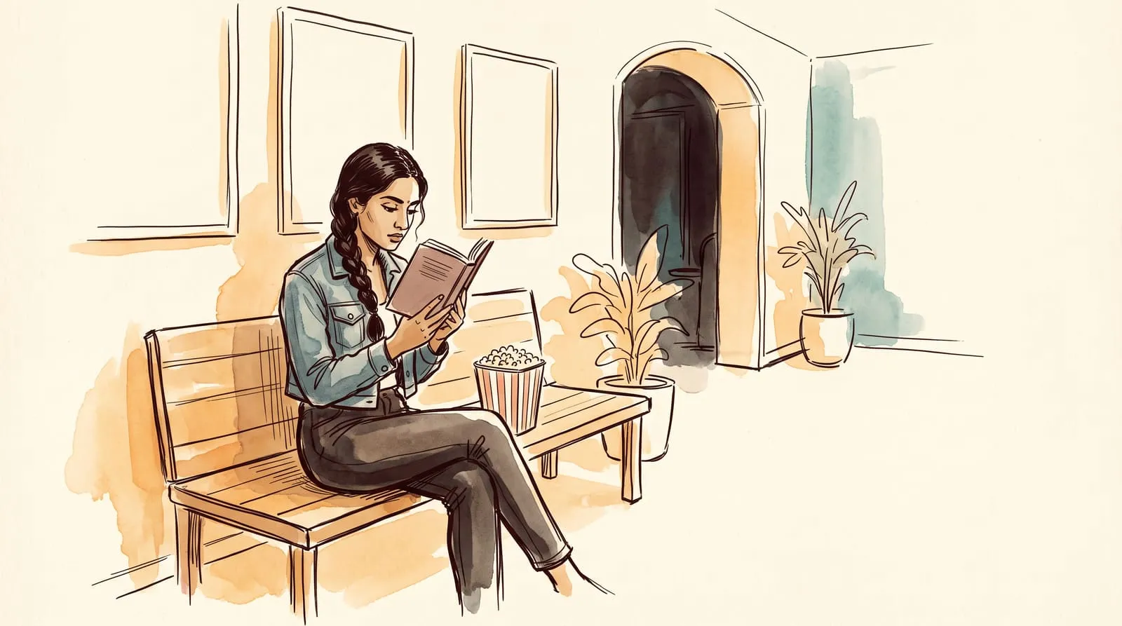 Ink and watercolour sketch of a woman in a cinema foyer finishing a paperback beside a tub of popcorn