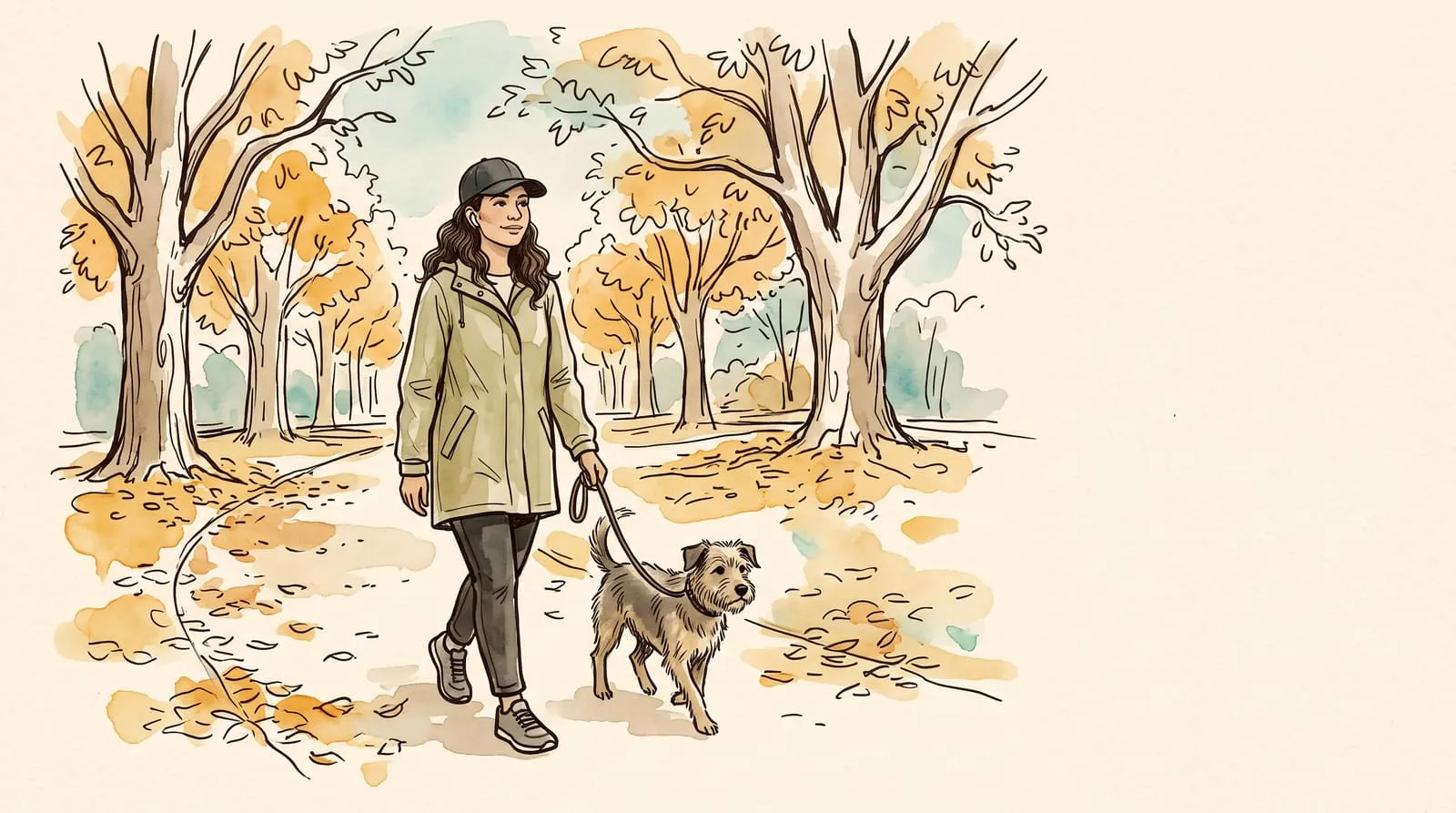 Ink and watercolour sketch of a woman with earbuds walking her dog along an autumn park path