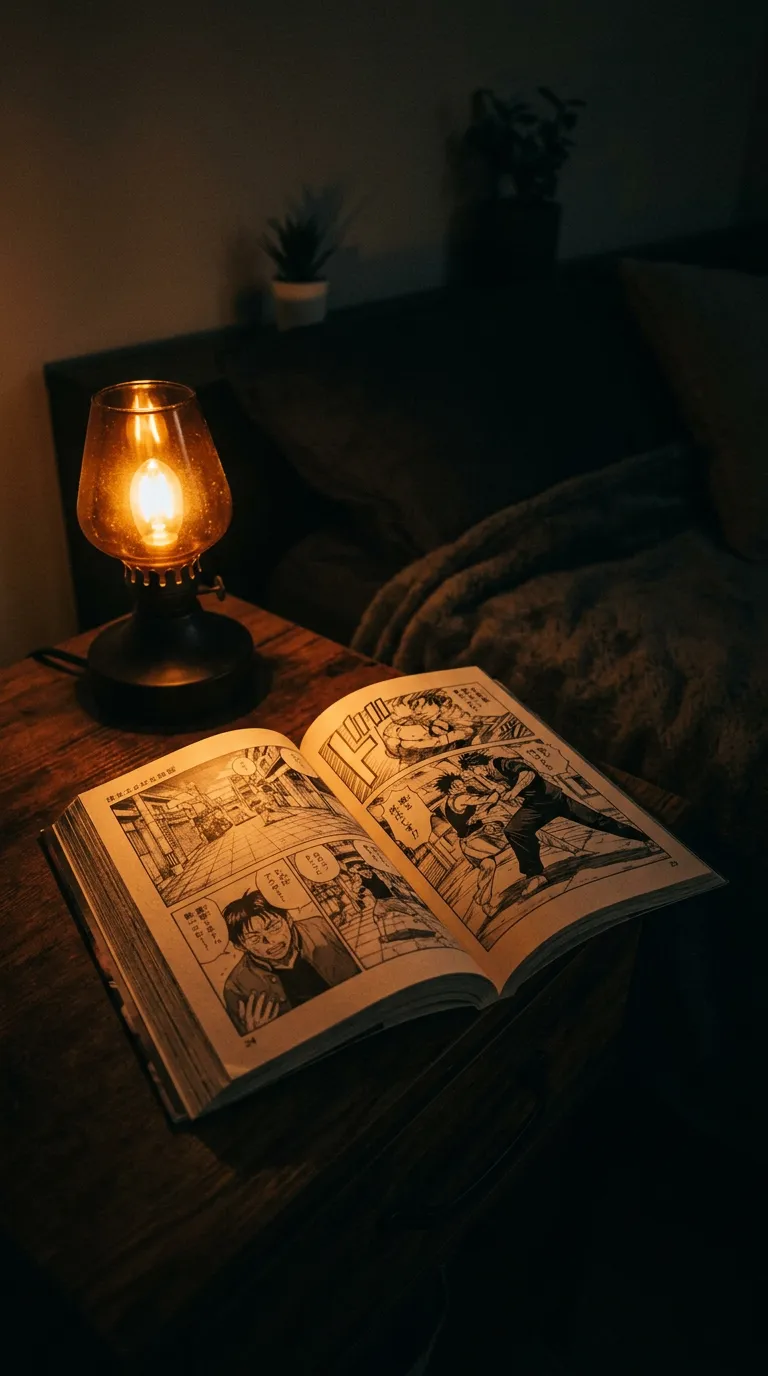 Manga volume open under warm amber lamplight at night