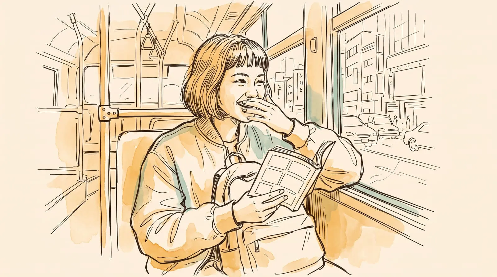 Ink and watercolour sketch of a young woman on a city bus laughing at a manga volume