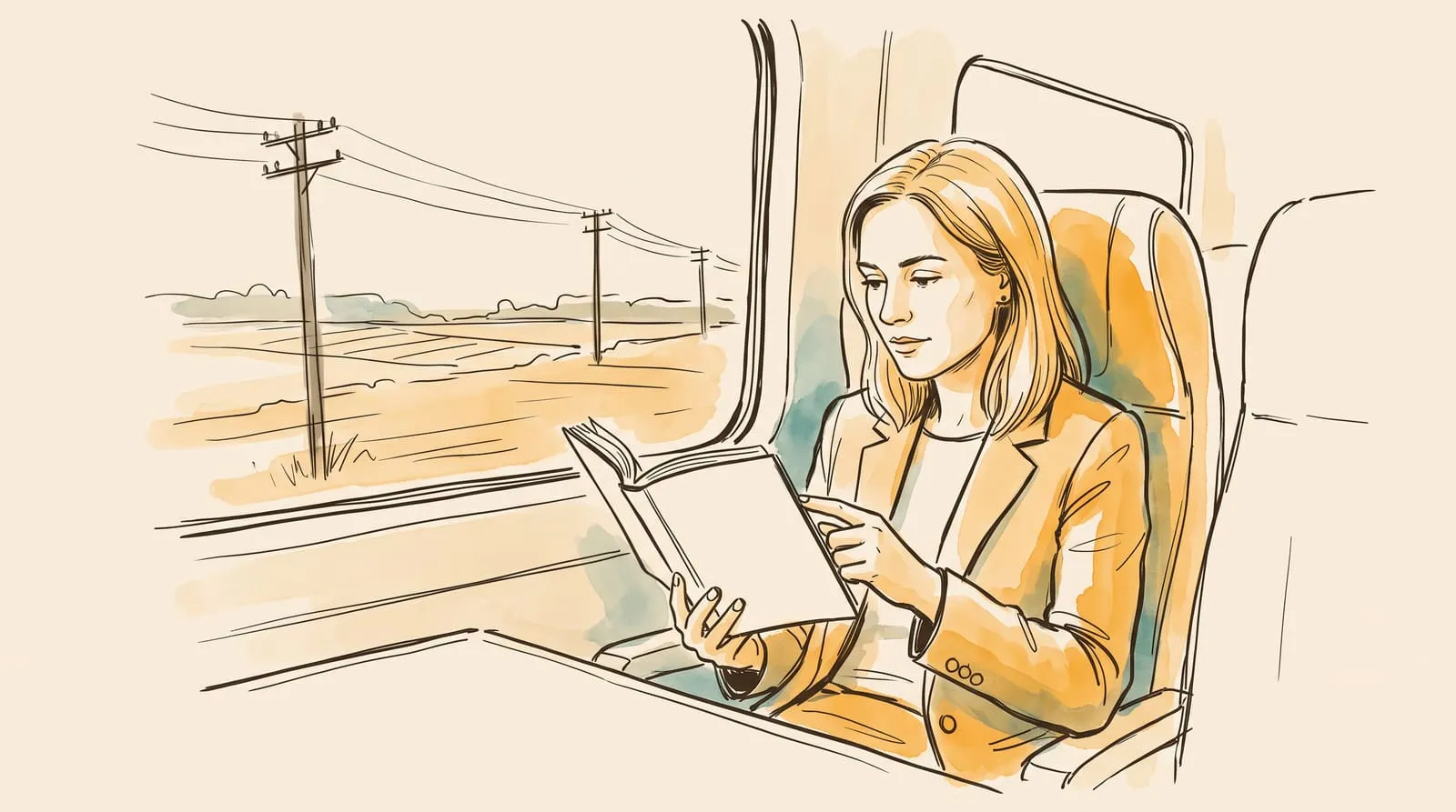 Ink and watercolour sketch of a woman reading a paperback slowly in a train window seat