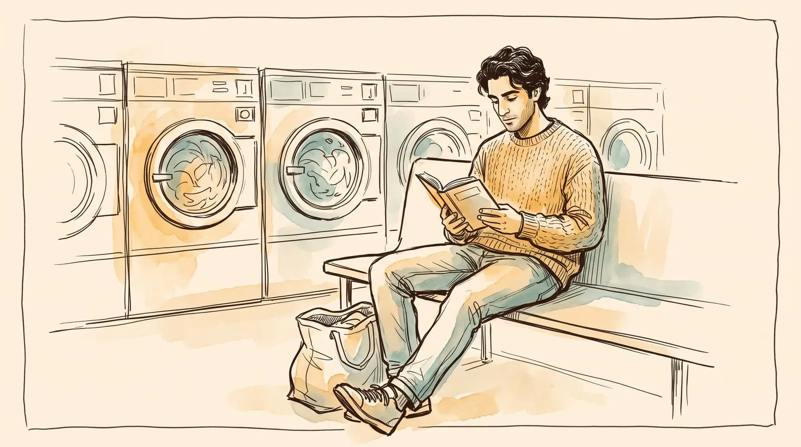Ink and watercolour sketch of a man reading a paperback on a laundromat bench while the machines spin