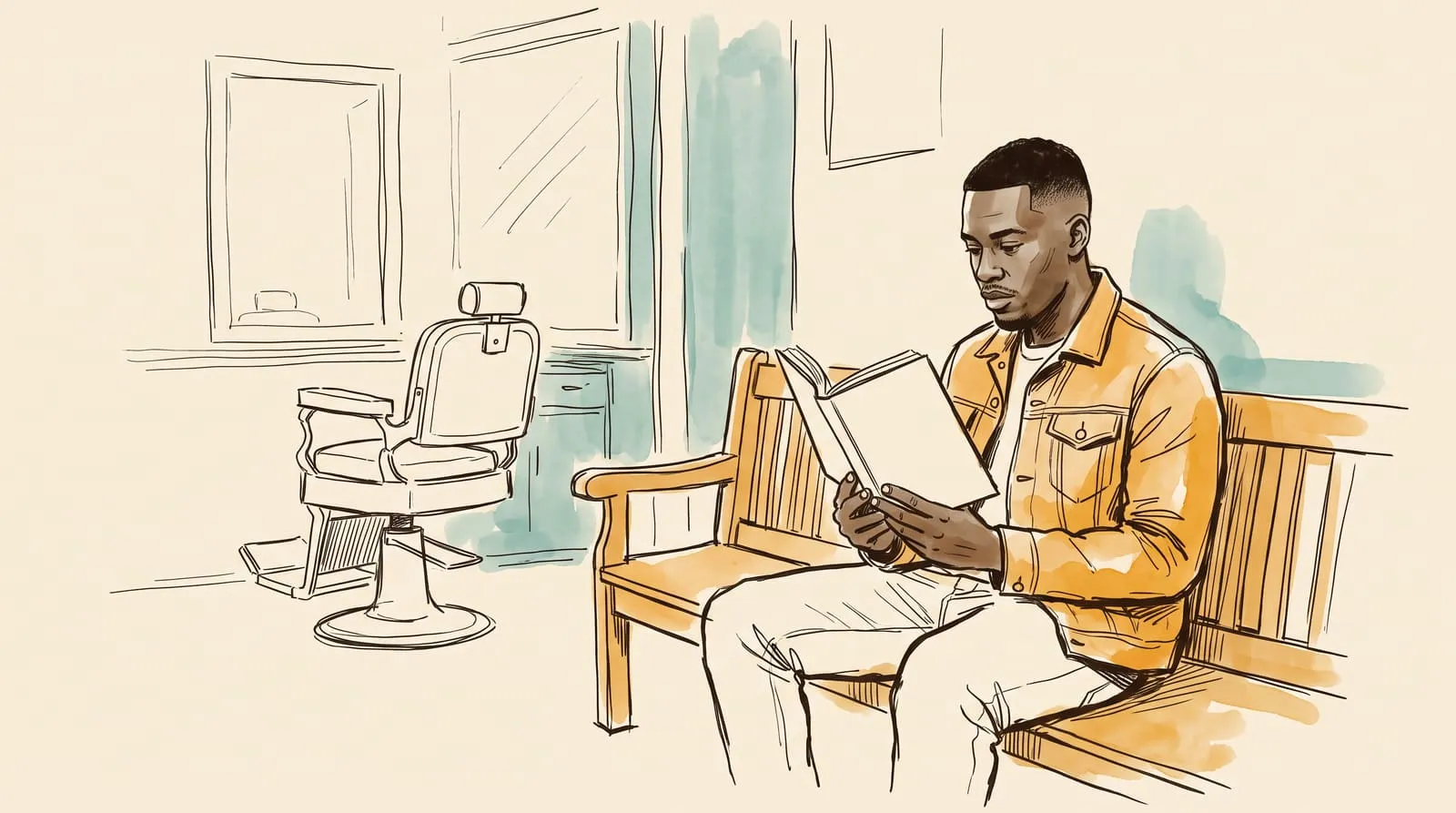 Ink and watercolour sketch of a man reading a paperback on a barbershop bench while he waits
