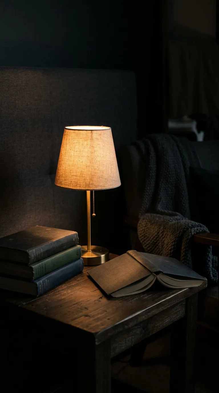 Stack of books beside a lit amber lamp at night