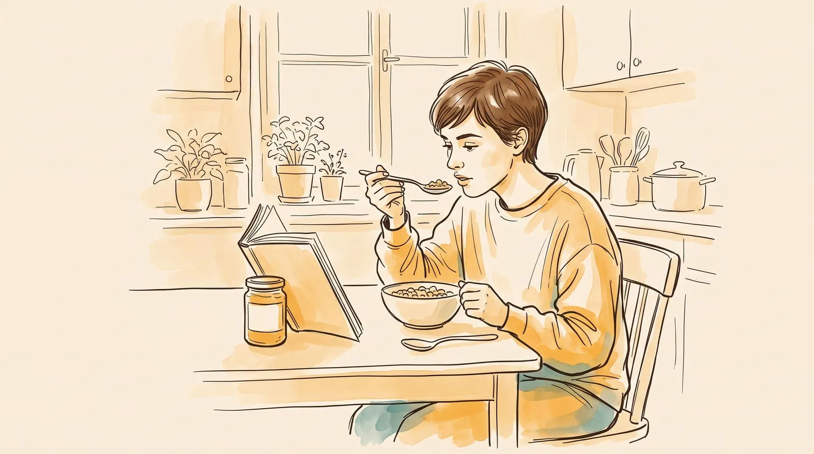 Ink and watercolour sketch of a woman eating cereal at the kitchen table with a paperback propped open