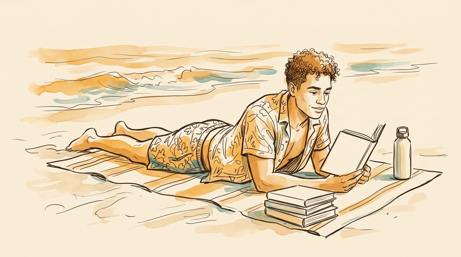 Ink and watercolour sketch of a young man reading on a beach towel beside a small stack of paperbacks