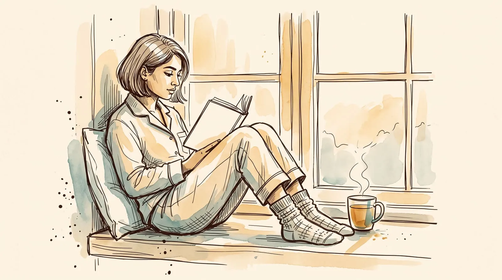 Ink and watercolour sketch of a woman in pyjamas reading on a sunlit window seat with a cup of tea