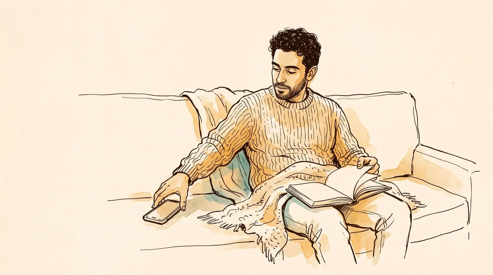 Ink and watercolour sketch of a man on a sofa setting his phone down and opening a book on his knee