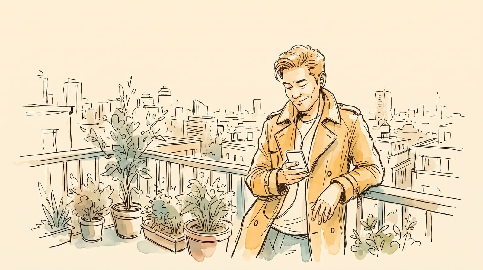 Ink and watercolour sketch of a man with earbuds on a rooftop terrace smiling at his phone