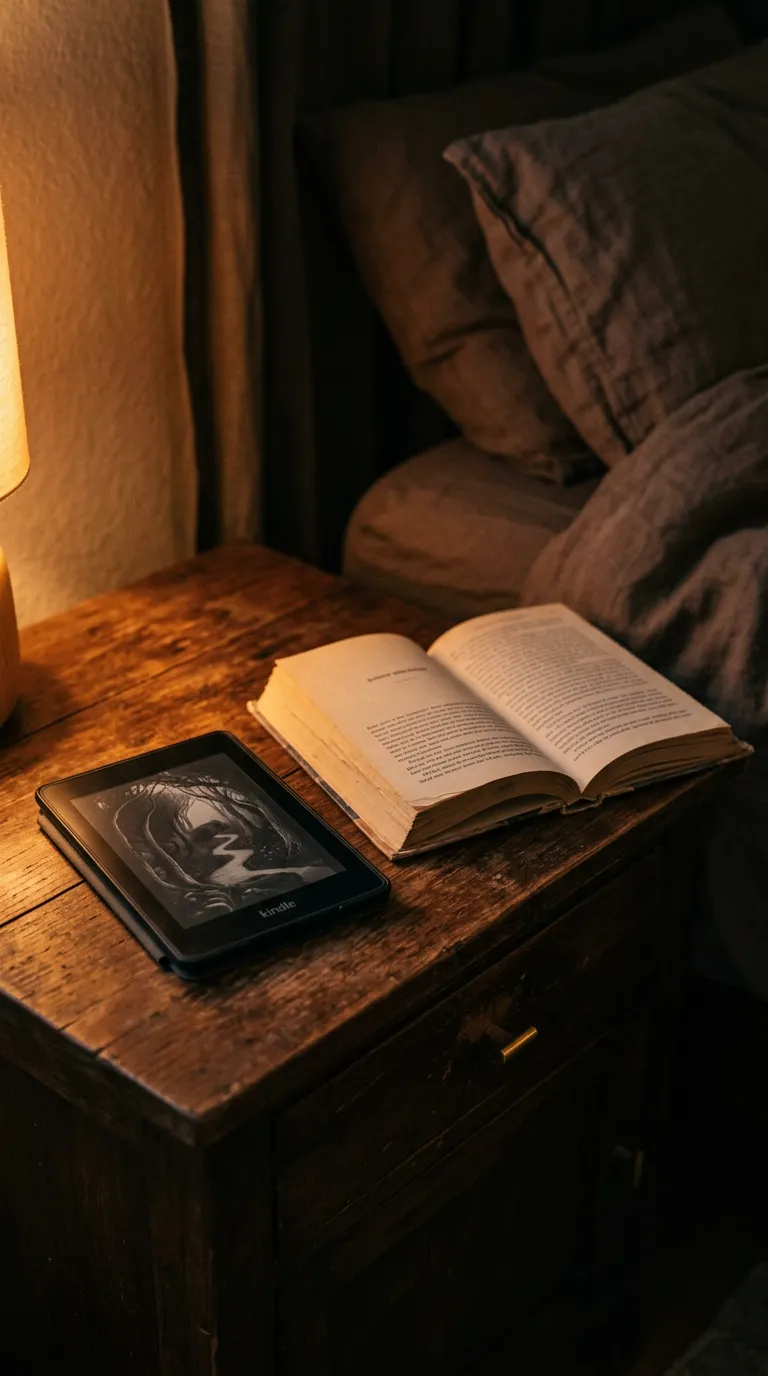 Kindle and paperback side by side on a nightstand