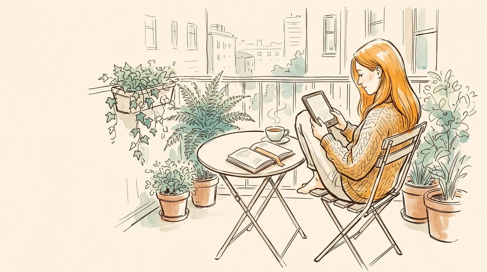 Ink and watercolour sketch of a woman on a balcony reading a Kindle with a paperback on the table