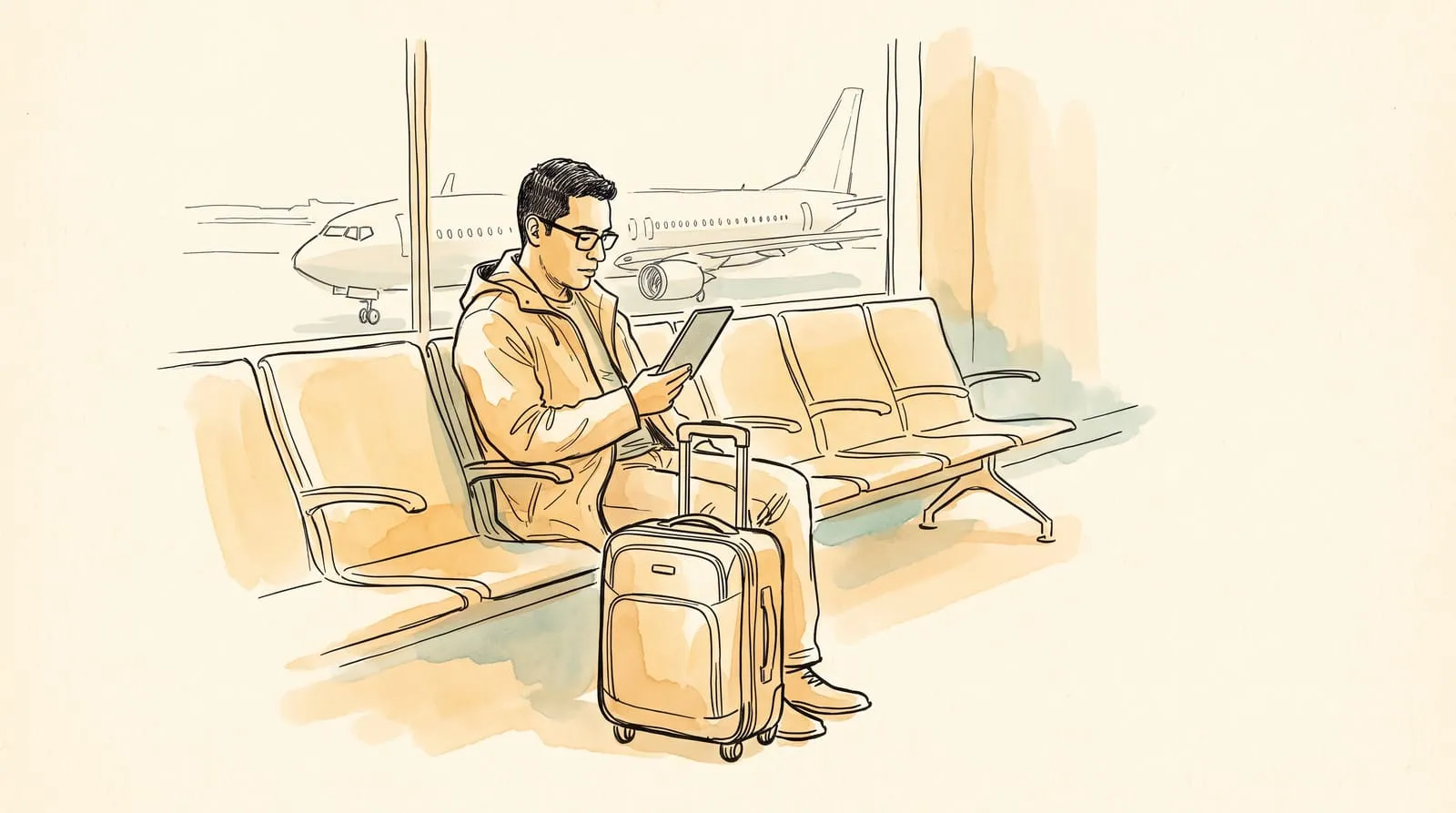 Ink and watercolour sketch of a man reading an e-reader at an airport gate beside his carry-on