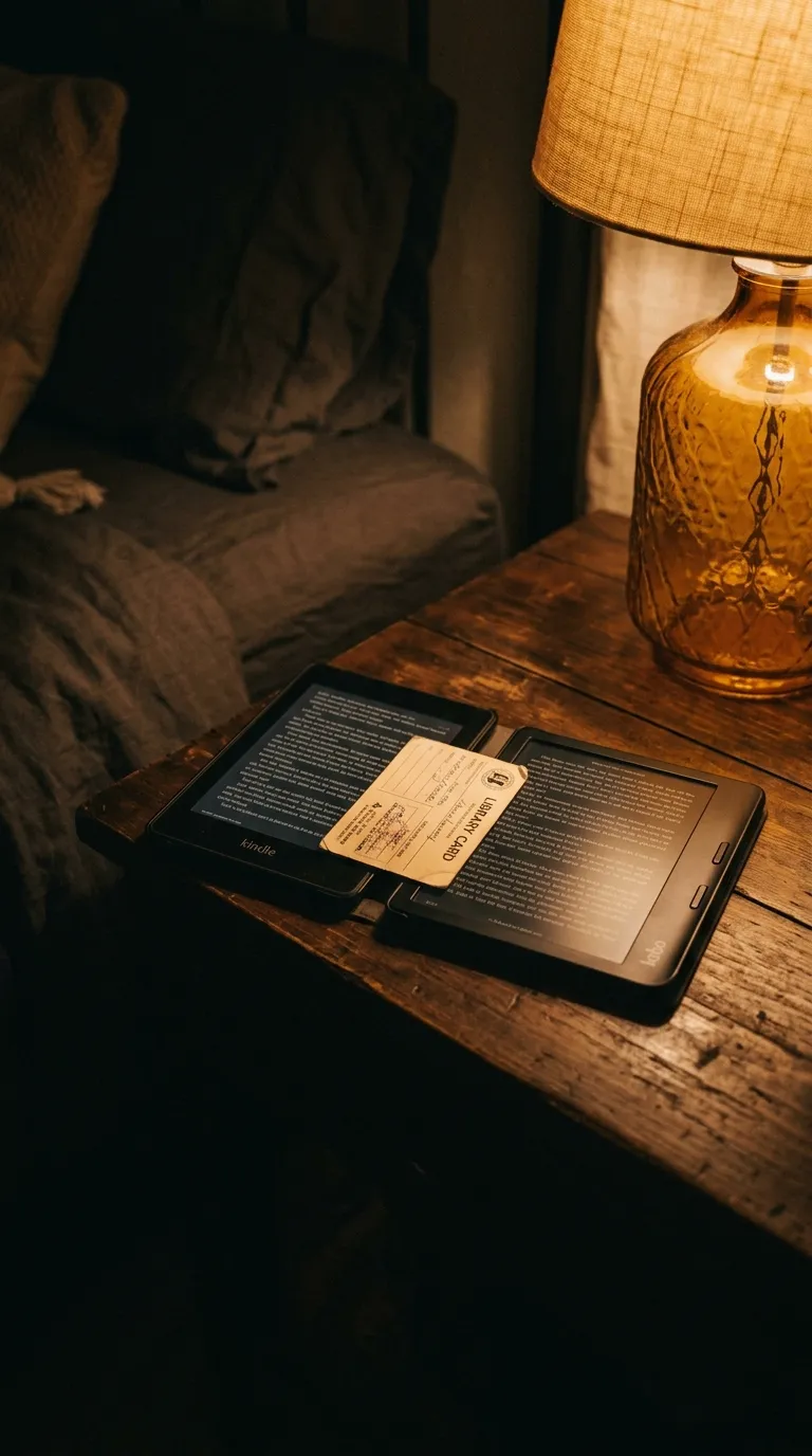 Two e-readers glowing on a nightstand beside a library card