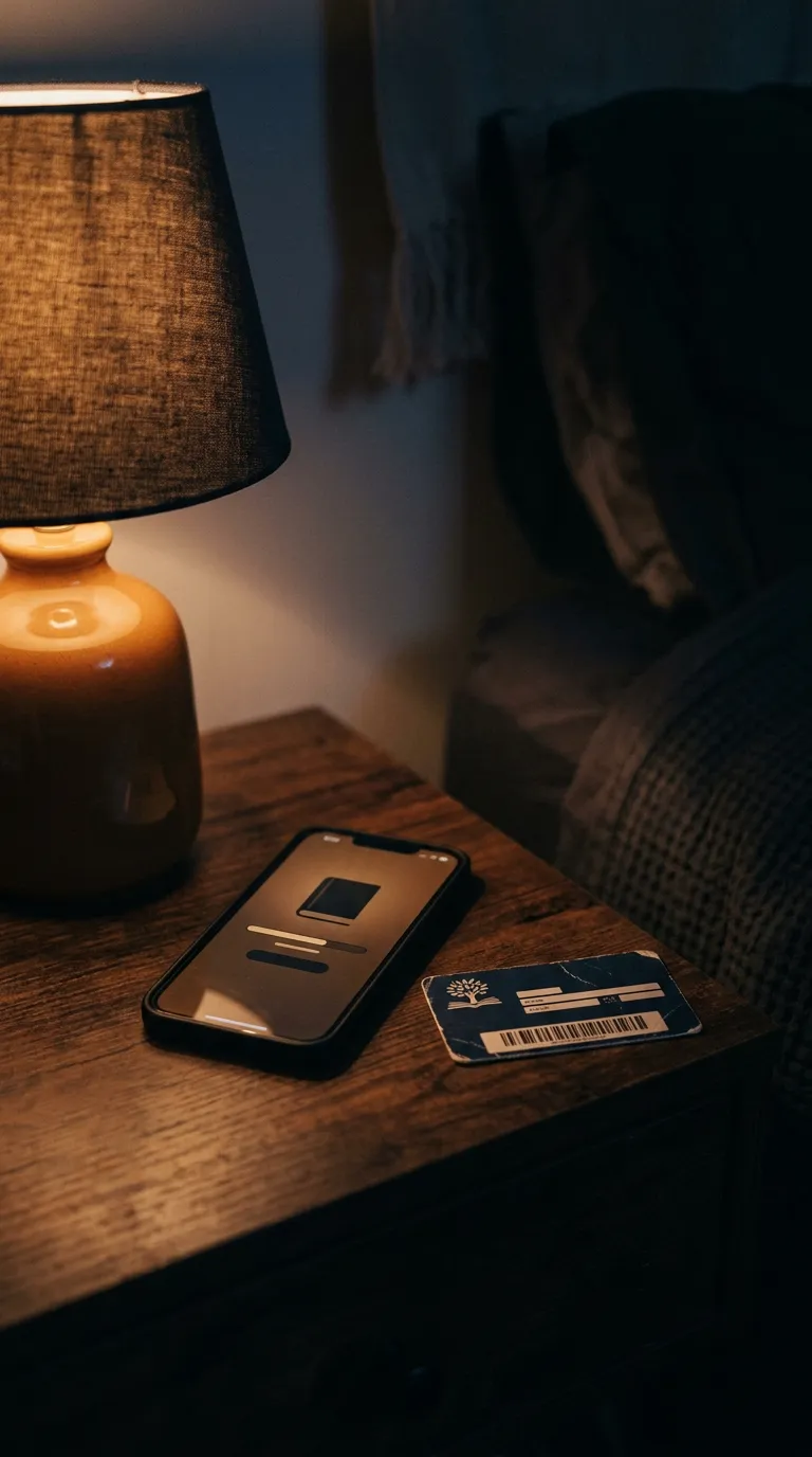 Phone showing a library ebook loan screen on a nightstand at night
