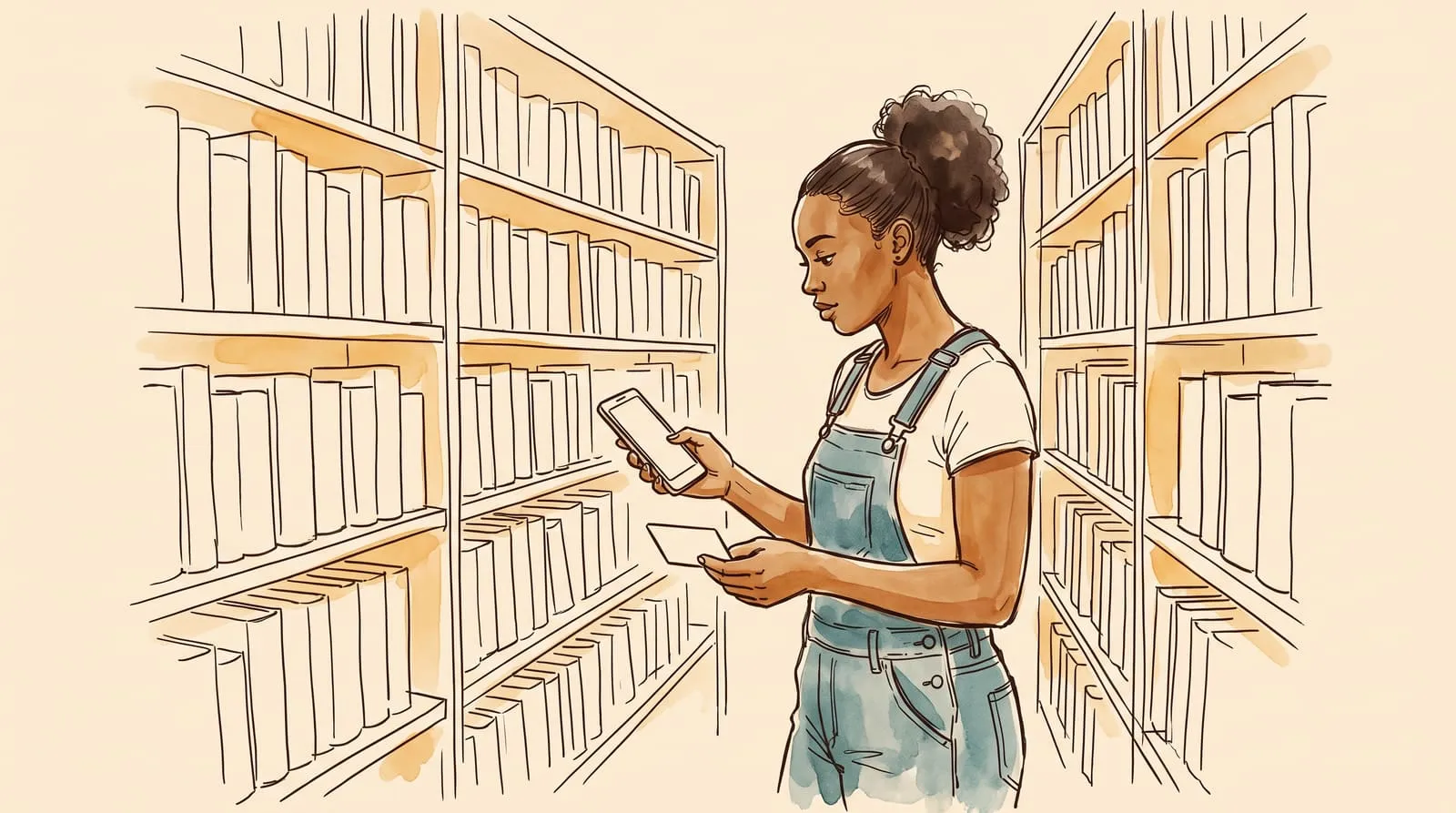Ink and watercolour sketch of a woman in a library aisle holding her phone and library card