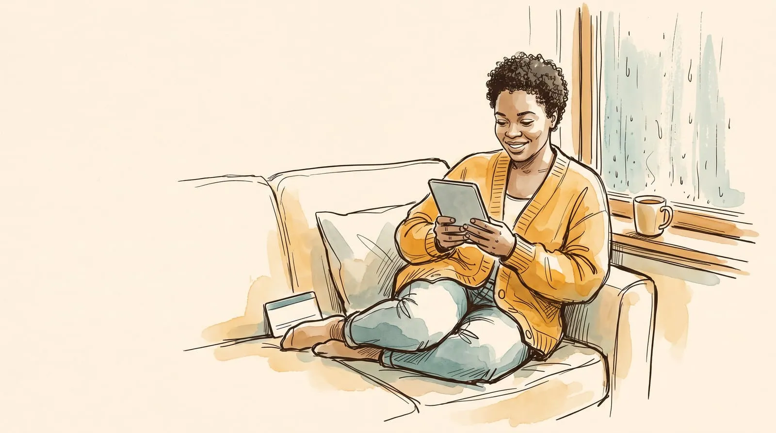 Ink and watercolor sketch of a woman reading a Kindle on a sofa by a rainy window with a library card beside her