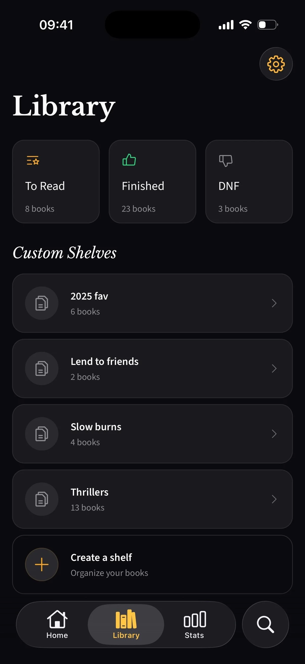 The Moth library on iPhone, showing a personal shelf of book covers in dark mode