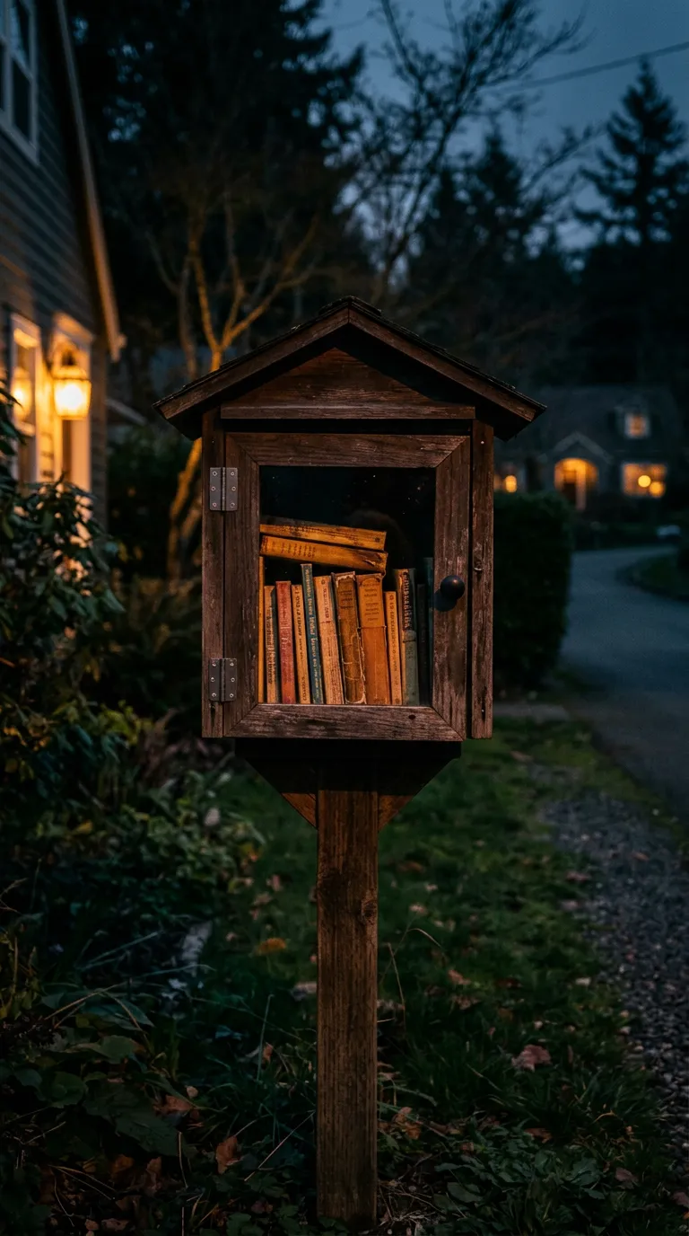 Wooden little free library box glowing at dusk