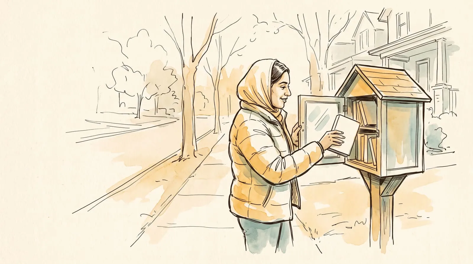 Ink and watercolour sketch of a woman taking a paperback from a little free library box on her street