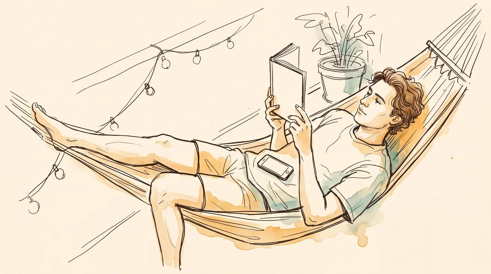 Ink and watercolour sketch of a man reading in a hammock with his phone resting beside him