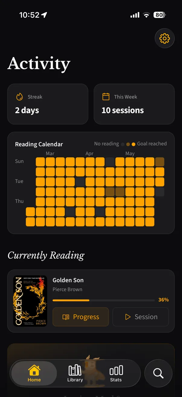 Moth reading tracker activity screen showing daily reading progress and habit tracking
