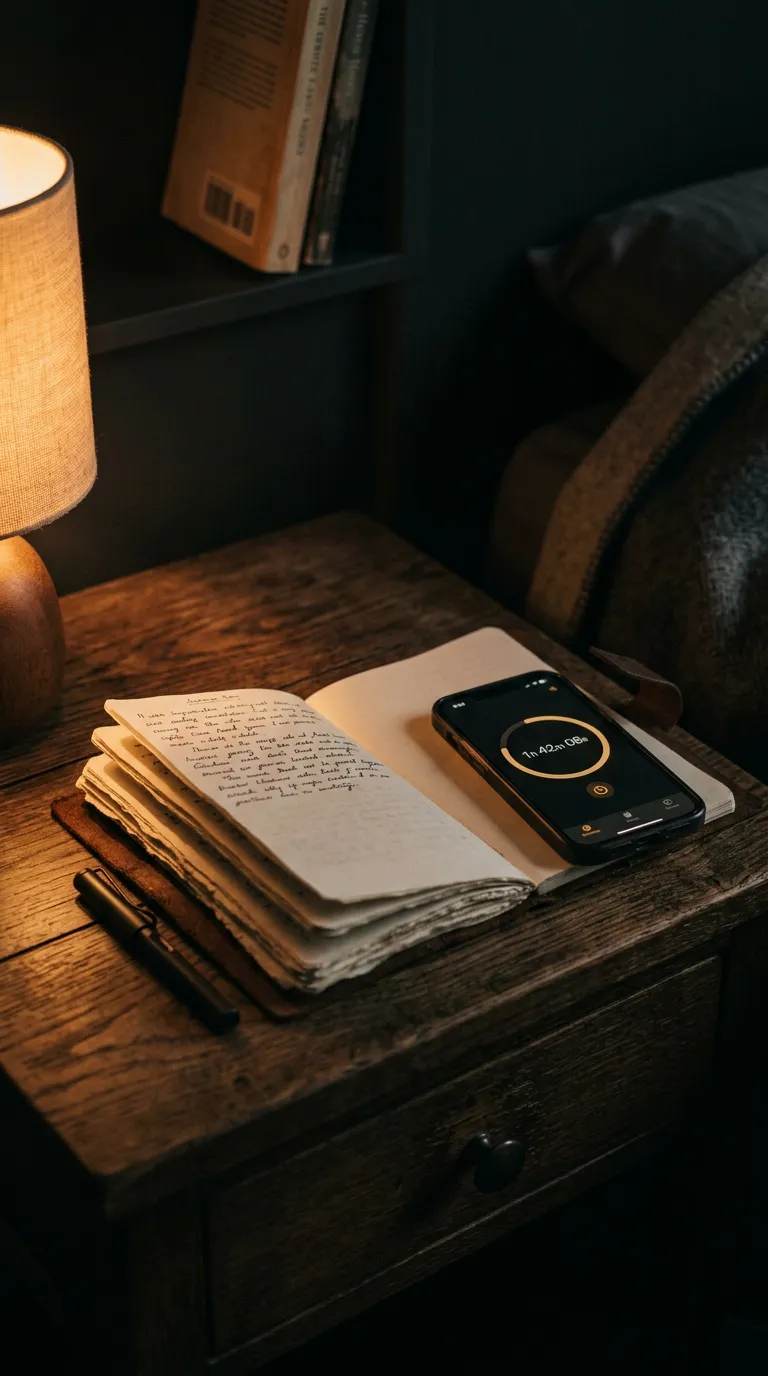 Open journal beside a phone reading timer