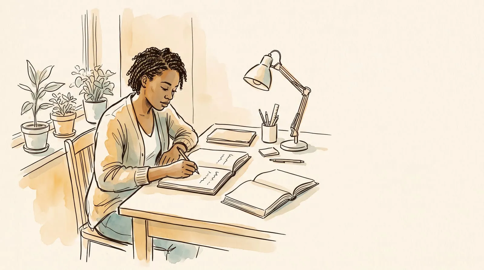 Ink and watercolour sketch of a woman writing in a reading journal at a desk beside an open book