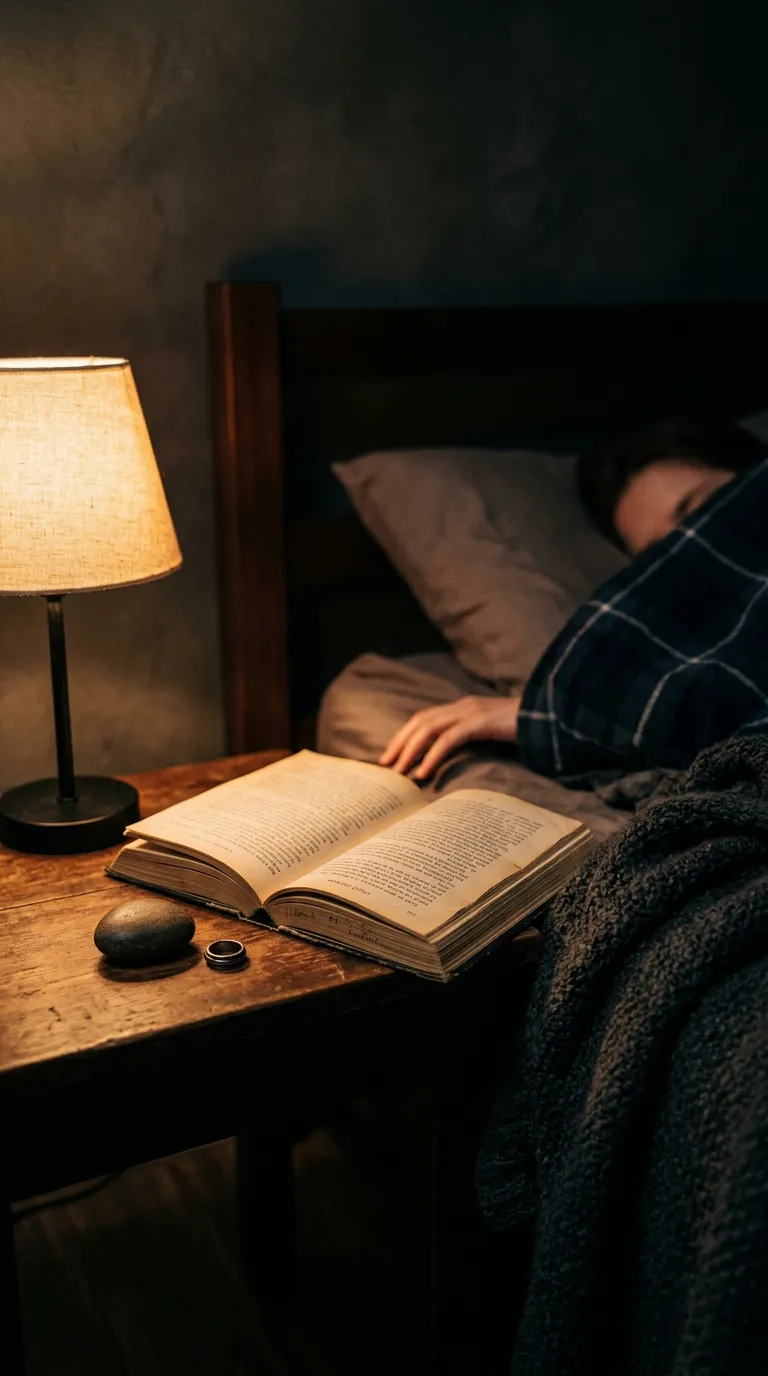 Cozy lamplit book beside a fidget spinner ring at night