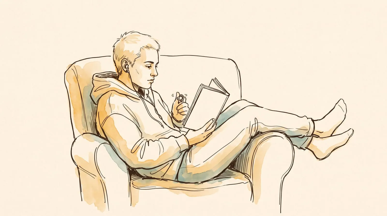 Ink and watercolour sketch of a reader with earbuds sprawled in an armchair, spinning a fidget ring