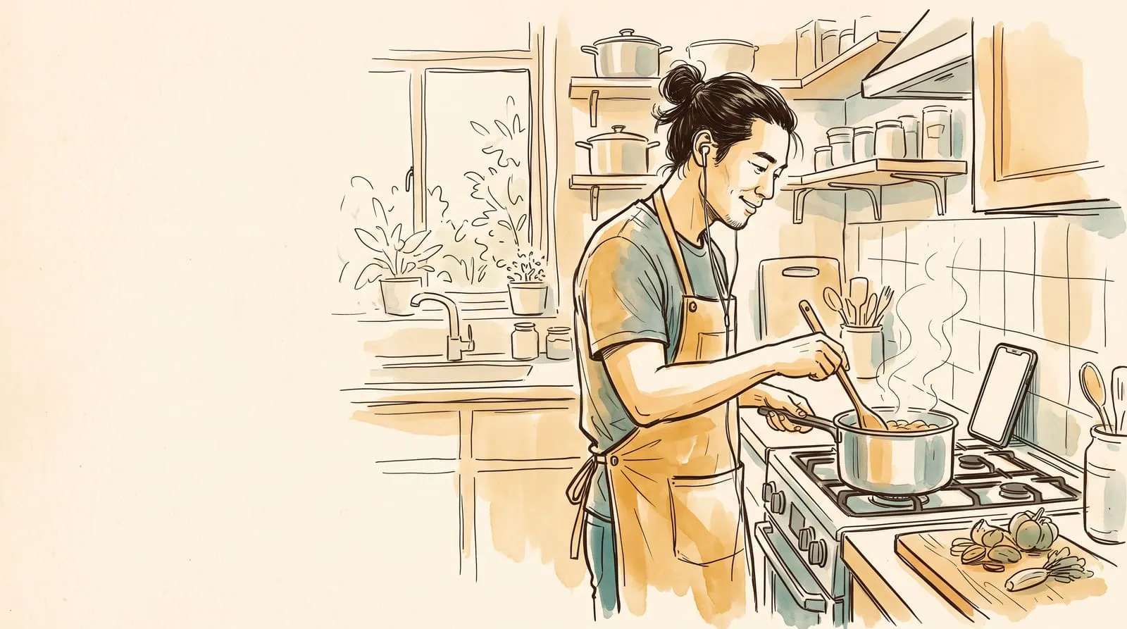 Ink and watercolour sketch of a man with earbuds stirring a pot at the stove, his phone propped beside him