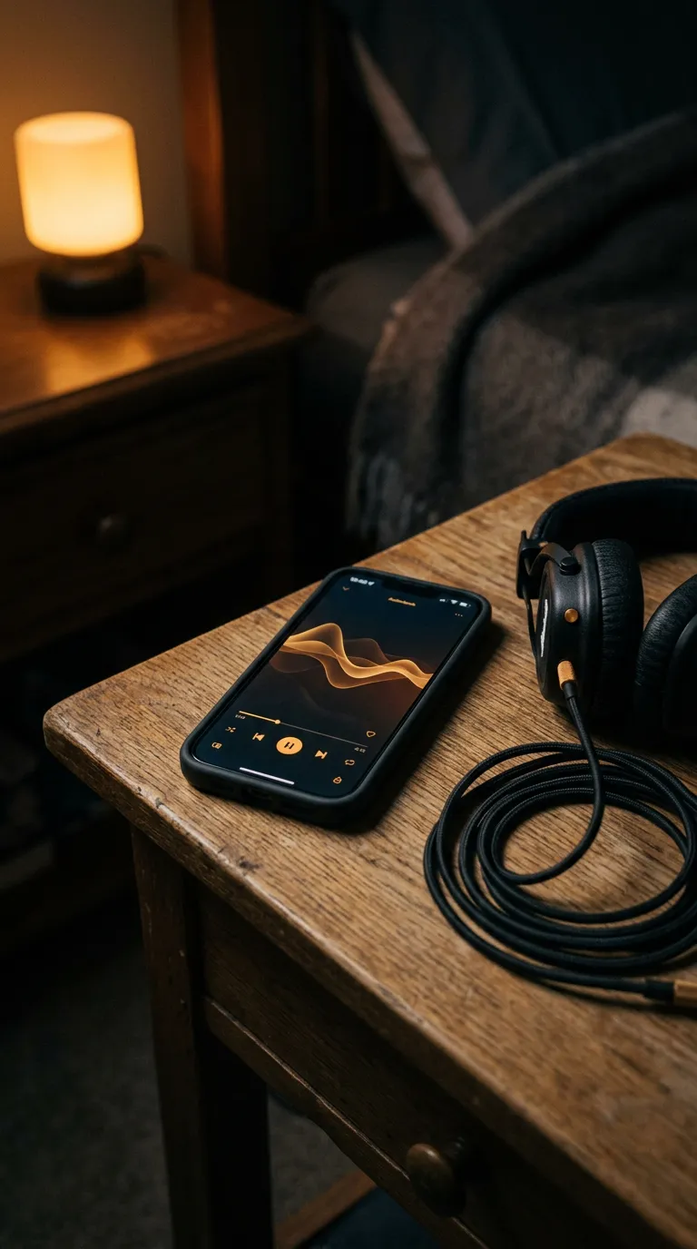 Phone on nightstand showing audiobook waveform at night
