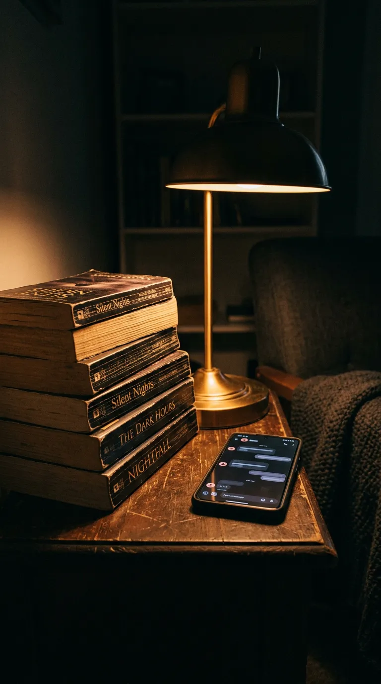 Stacked paperbacks beside a glowing phone in warm lamp light