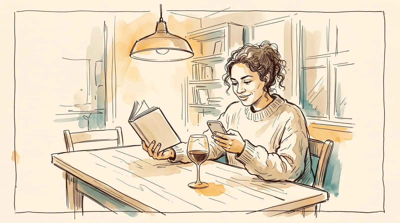 Ink and watercolour sketch of a woman at a dining table holding a paperback and texting with a glass of wine