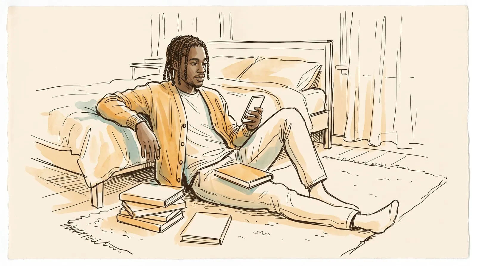 Ink and watercolour sketch of a man on his bedroom floor checking his phone beside a stack of paperbacks