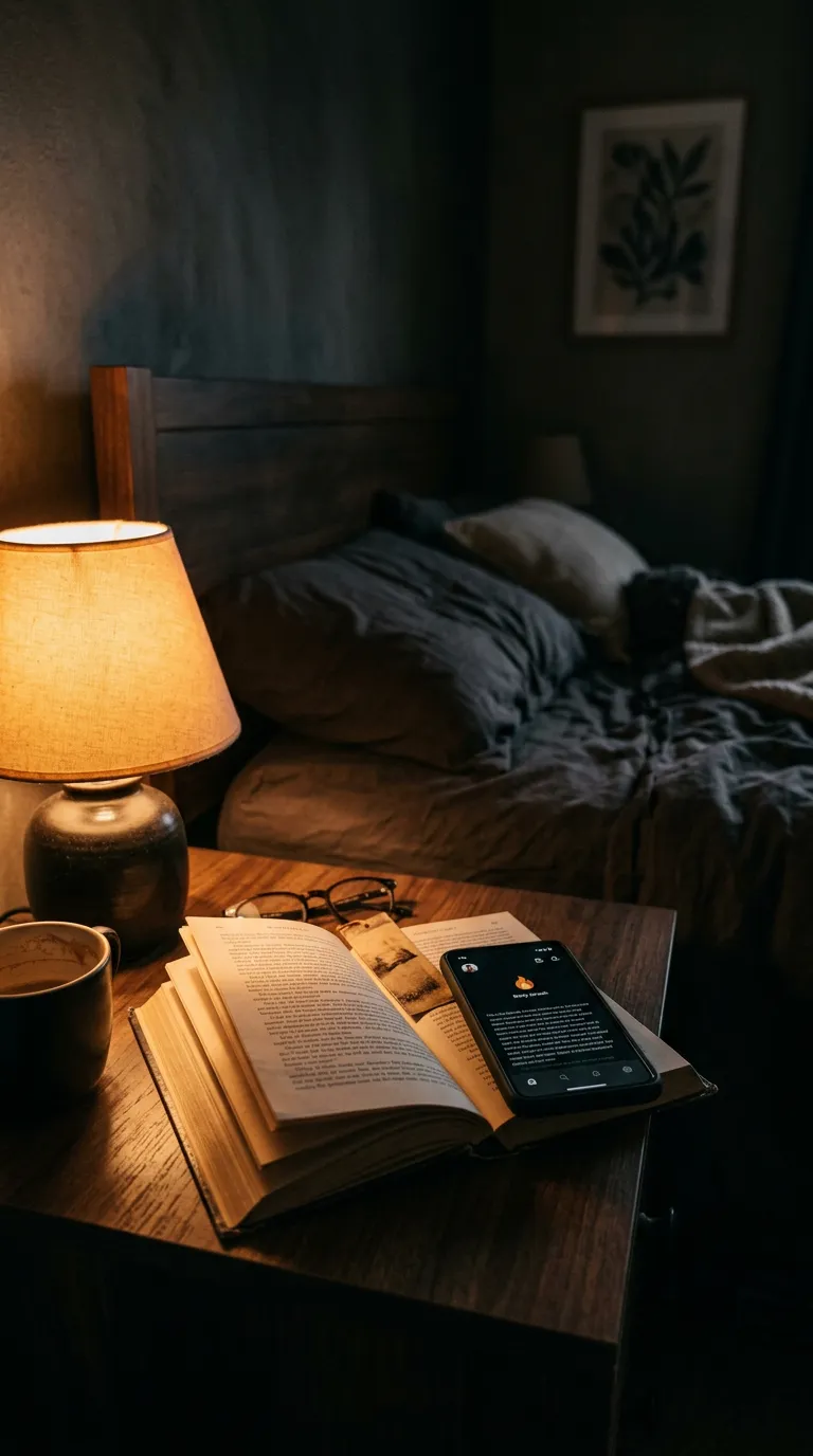 Phone on nightstand showing a reading streak flame icon