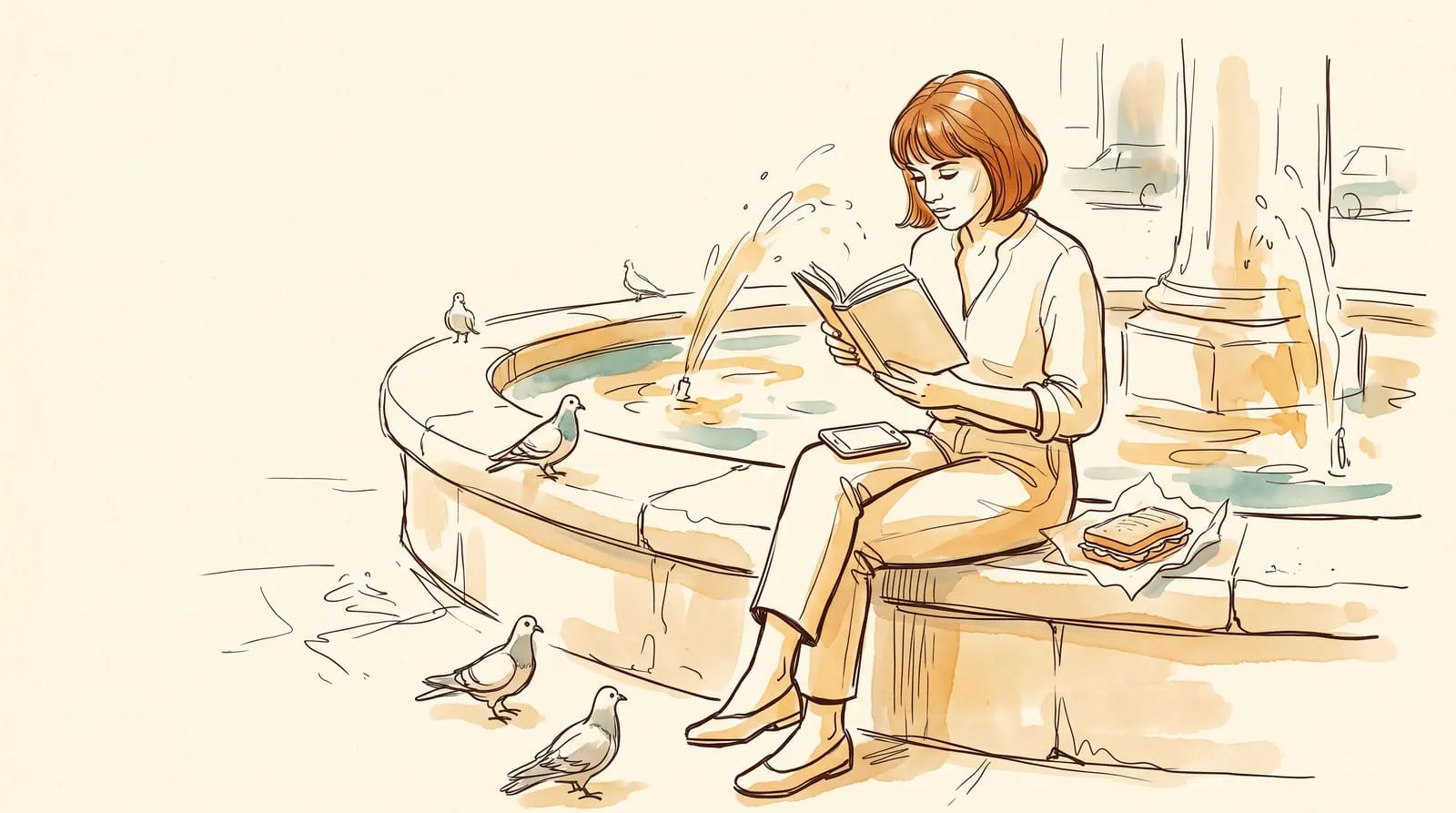 Ink and watercolour sketch of a woman reading on the edge of a city fountain during her lunch break