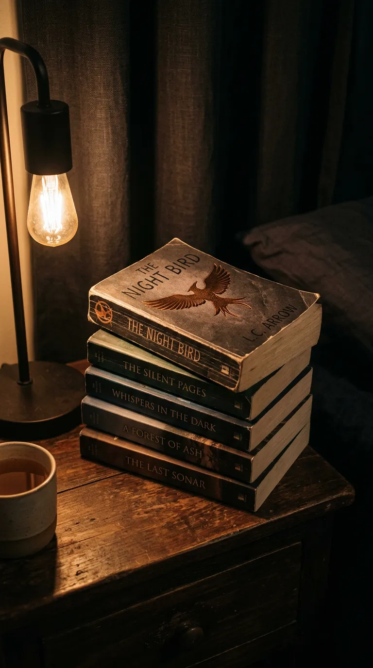 Stack of five novels on a nightstand under lamp light