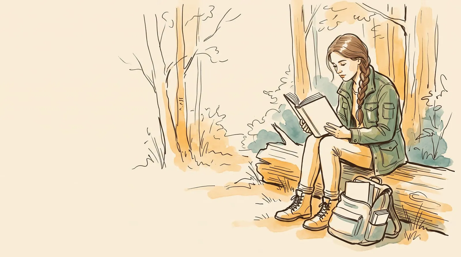 Ink and watercolour sketch of a young woman with a braid reading on a fallen log in a forest