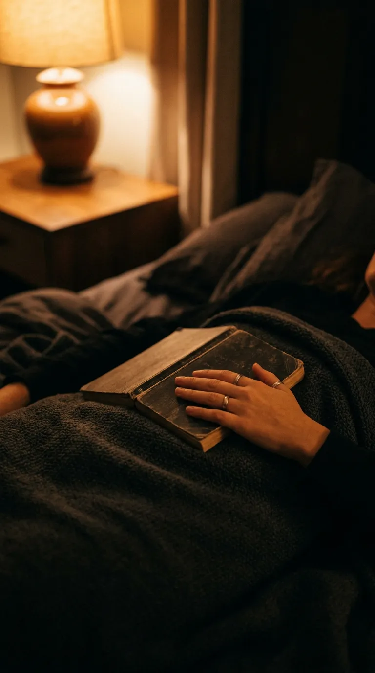 Closed paperback resting on a chest in dim amber lamplight