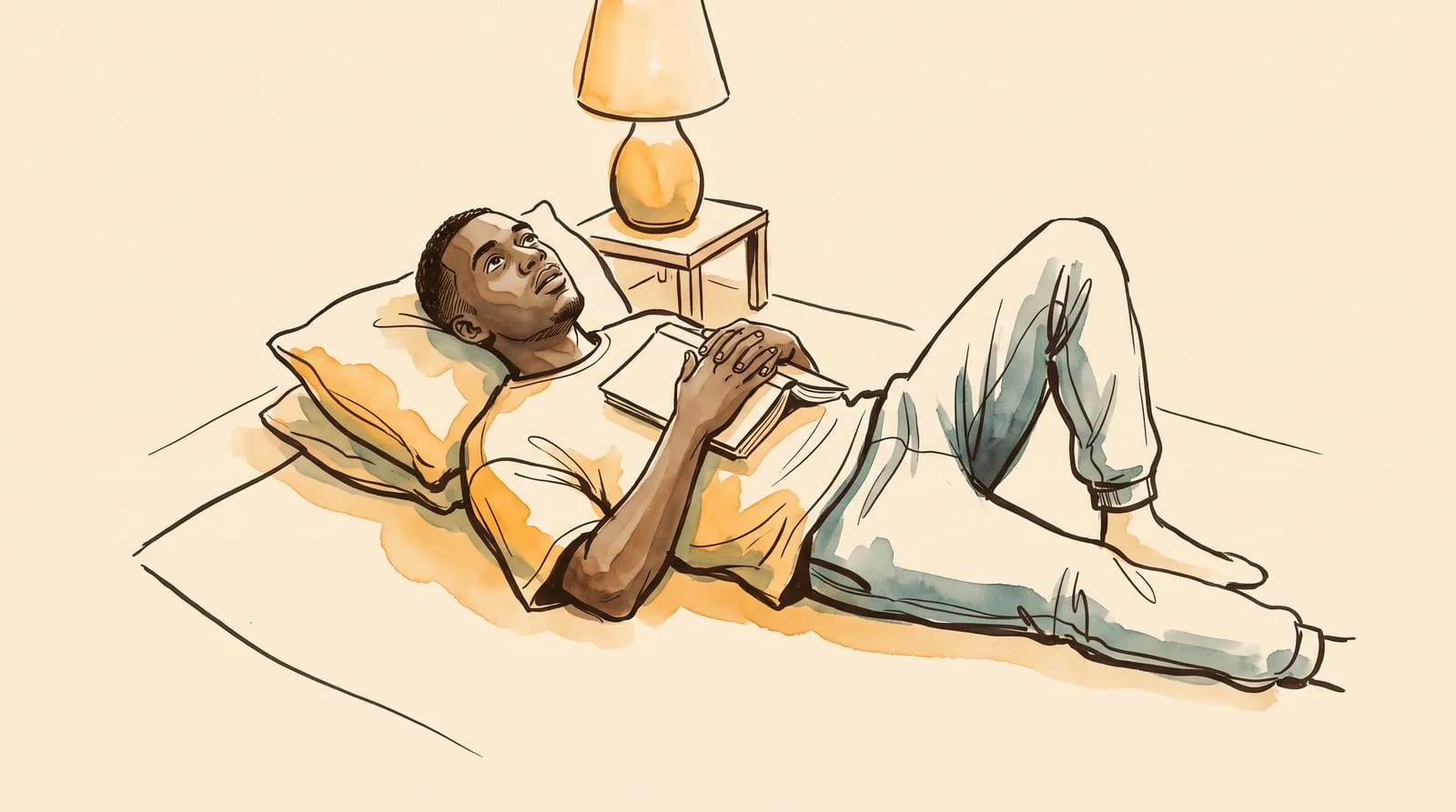 Ink and watercolour sketch of a man lying on the floor at night with a finished book on his chest