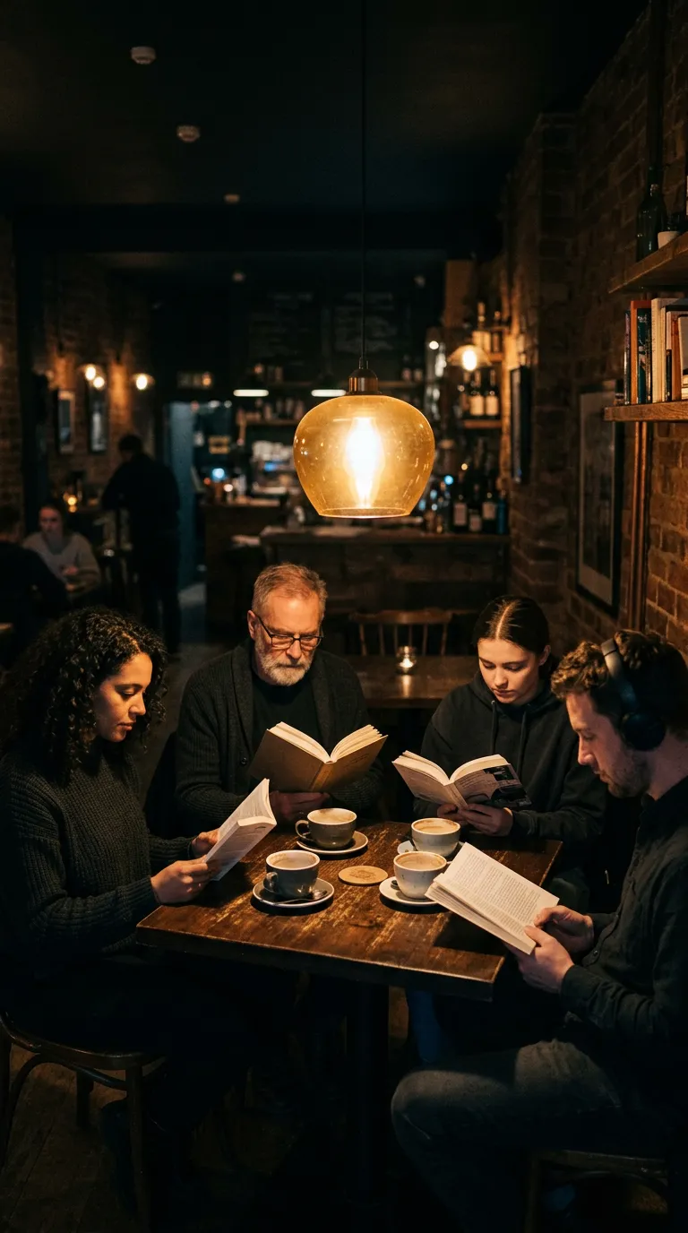 People quietly reading their own books at a café table
