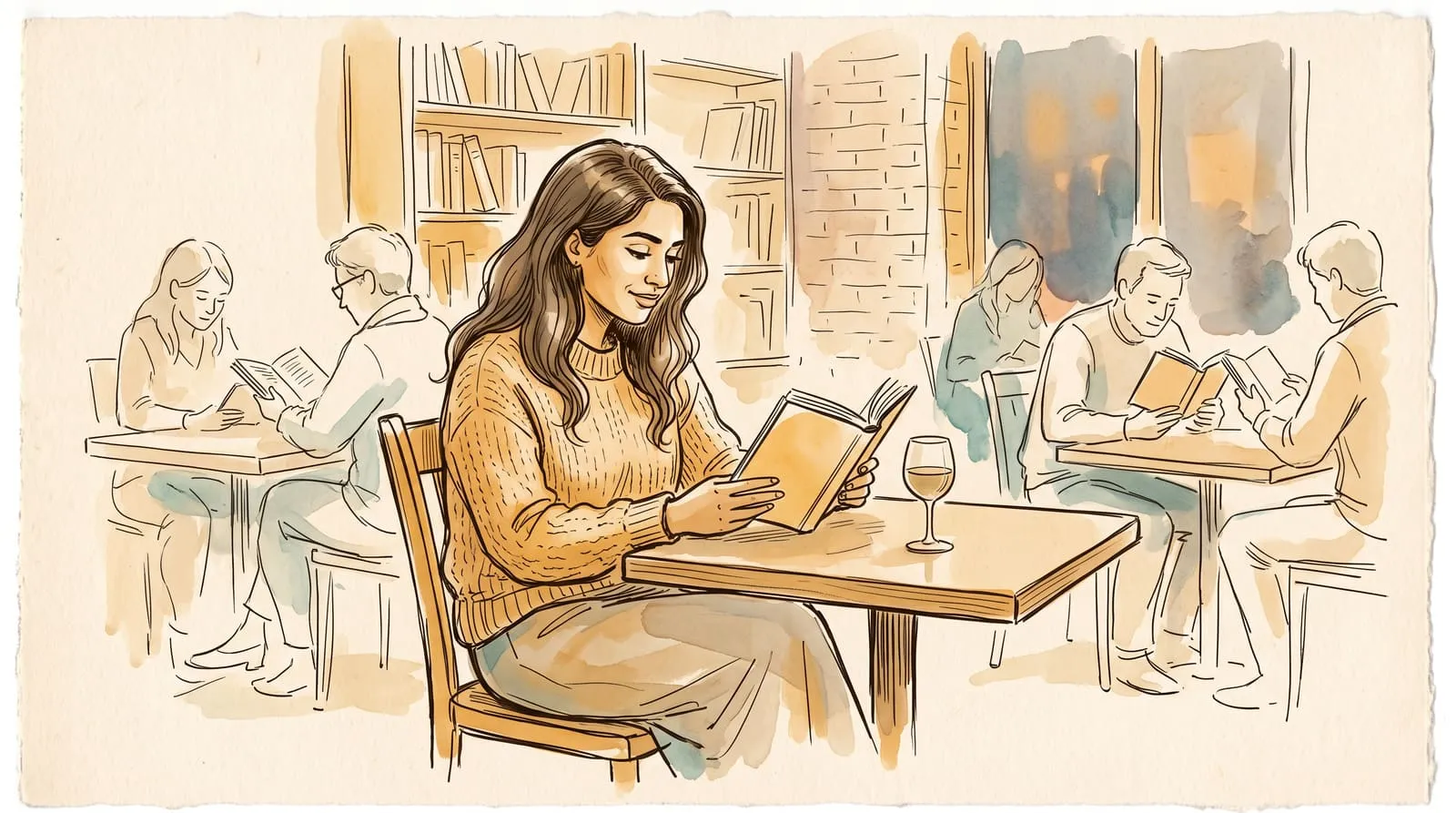 Ink and watercolour sketch of a woman reading at a wine bar table among other quiet readers